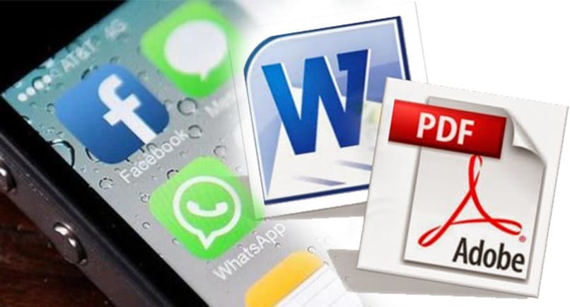 archivos de word y pdf con logo de facebook y whatsapp en el fondo