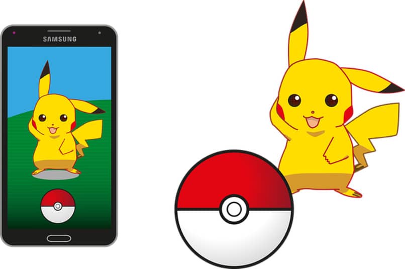 pikachu en movil y junto a una pokebola 