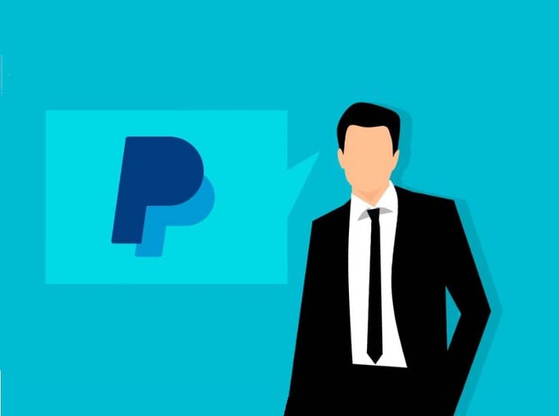 persona con traje negro y logo de paypal fondo azul