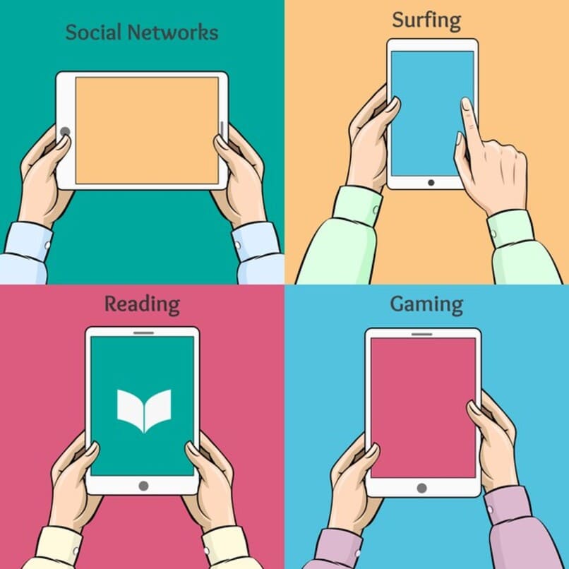 tablets en manos de individuos mientras leen juegan y navegan