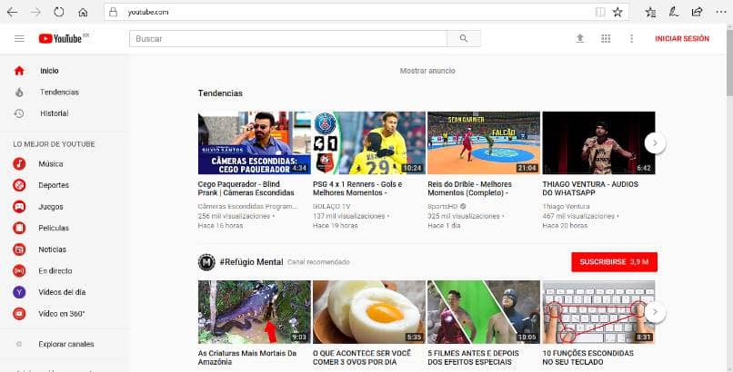 pantalla inicio youtube