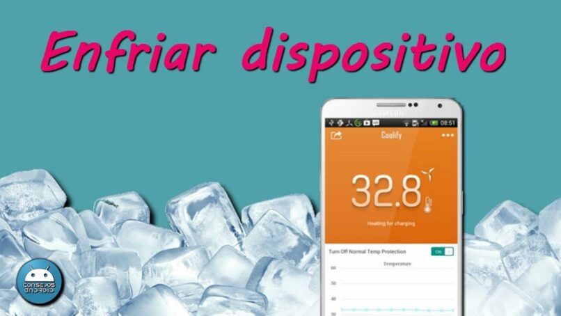 movil samsung metido en hielo con aplicacion de enfriamiento abierta