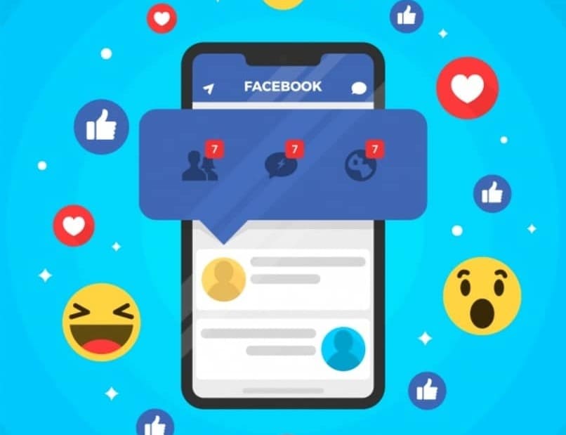 reacciones de facebook rodeando a un movil con notificaciones en el centro