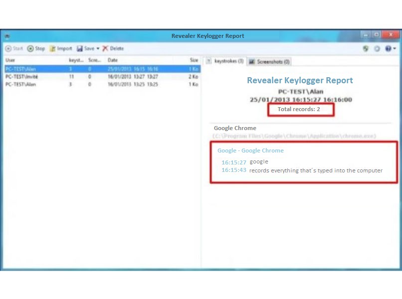 ventana de historial revealer keylogger