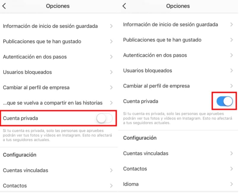 cambiar cuenta privada instagram
