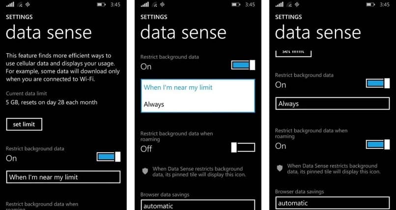 configuracion de la aplicacion data sense