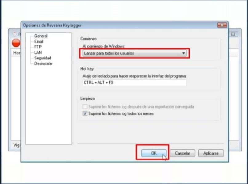 ventana de opciones de revealer keylogger fondo blanco