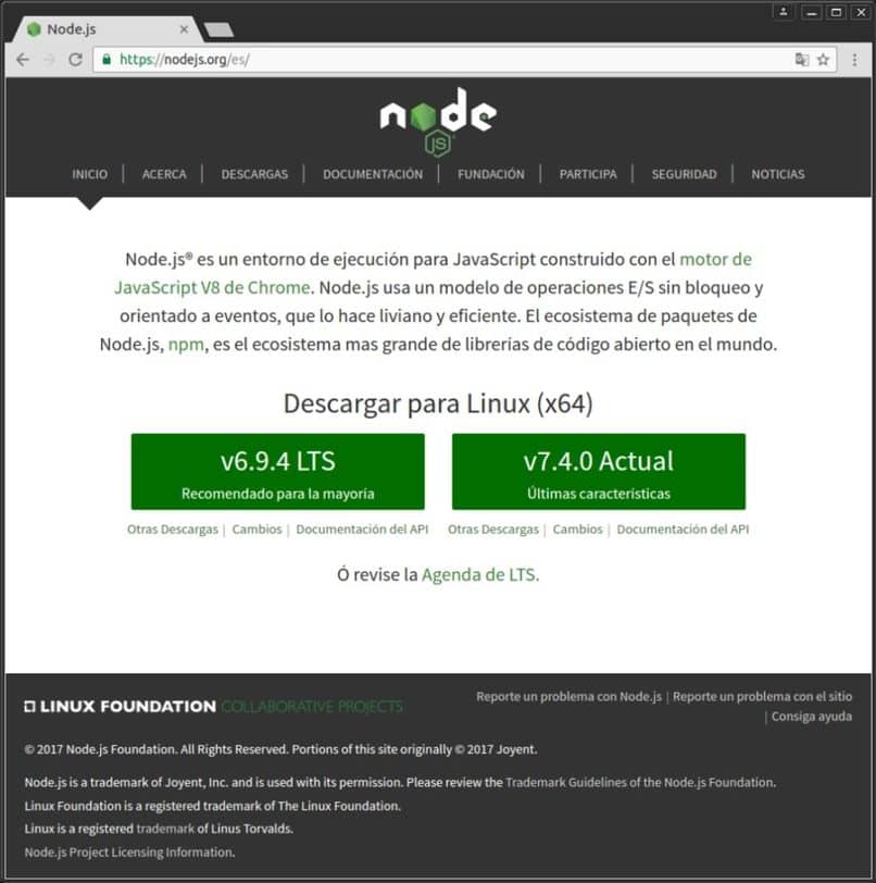 pagina oficial para descargar nodejs