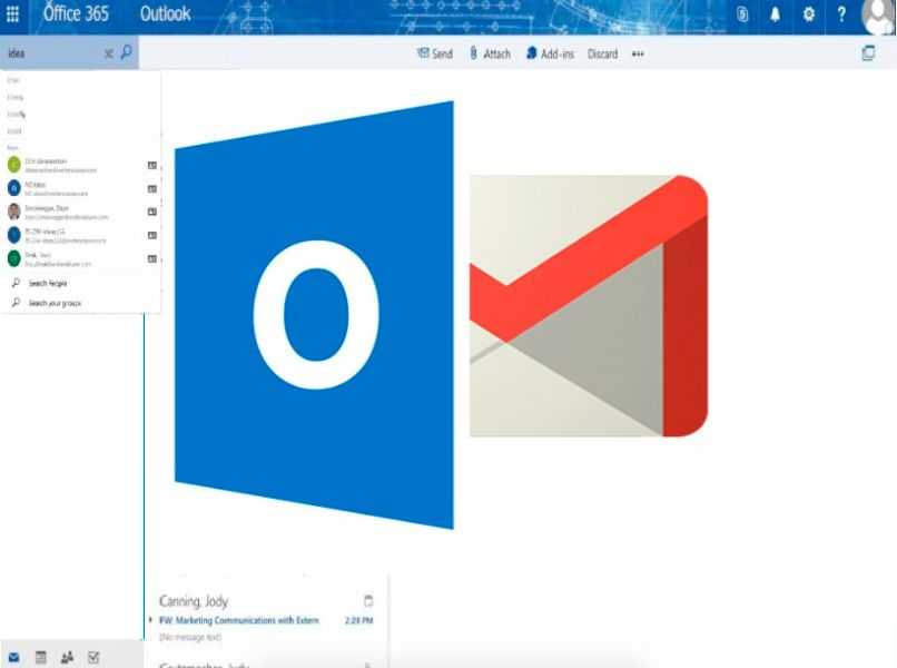 ventana de correo y logo de outlook con gmail