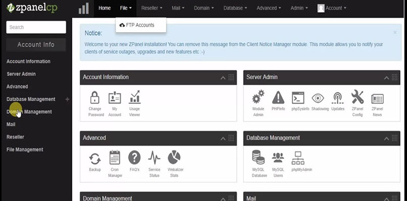 inicio zpanel informacion