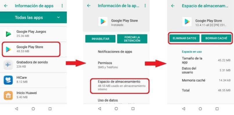 eliminar datos memoria cache play store y servicios google play
